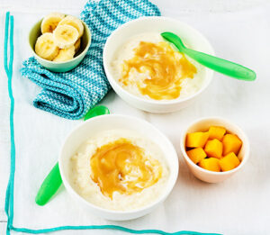Rice Pudding with Smooth Fruit Swirl